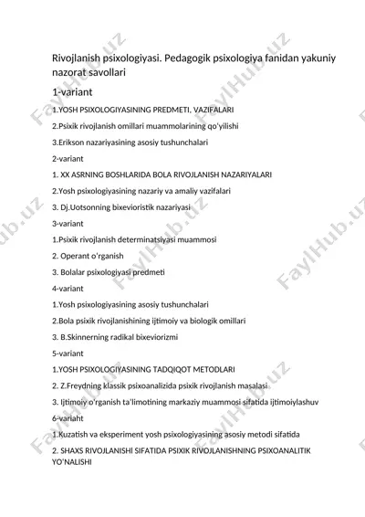 rivojlanish psixologiyasi. pedagogik psixologiya fanidan yakuniy nazorat savollari — DOCX