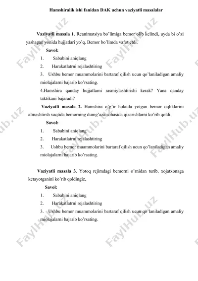 hamshiralik ishi fanidan dak uchun vaziyatli masalalar — DOCX