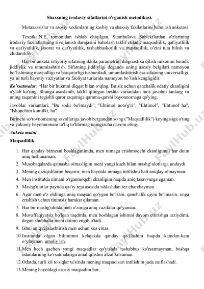 shaxsning irodaviy sifatlarini o'rganish metodikasi — DOCX