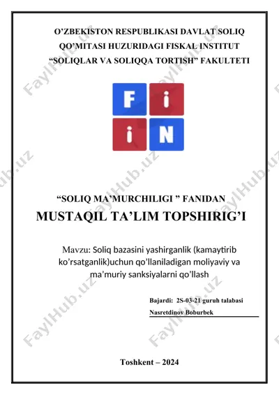 soliq bazasini yashirganlik (kamaytirib ko’rsatganlik)uchun qo’llaniladigan moliyaviy va ma’muriy sanksiyalarni qo’llash — DOCX