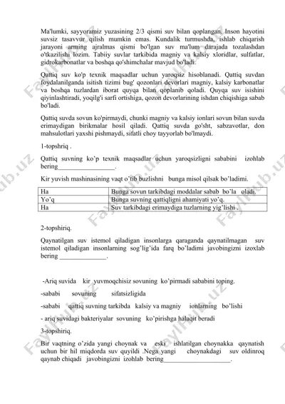 qattiq suvning tuzlarining suv tozalashida o'z vazifasi — DOCX