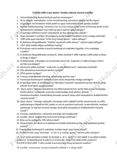 ta'limni milliy o'quv dasturi fanidan yakuniy nazorat savollari — DOCX