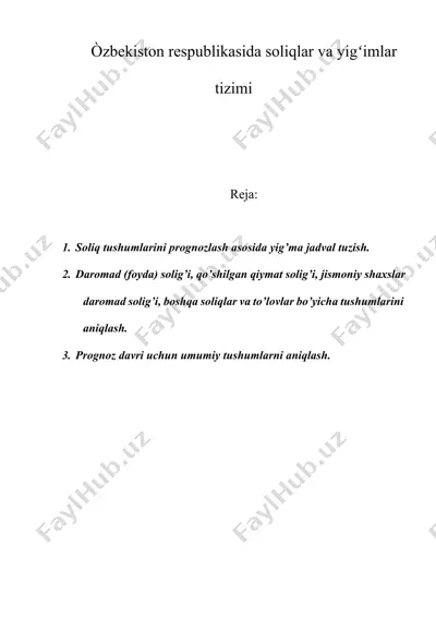 yig’ma jadval tuzish uchun soliq tushumlarini prognozlash — DOCX