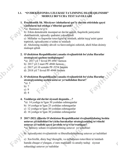 o‘zbekistonda uzluksiz ta’limning isloh qilinishi" moduli bo‘ycha test savollari — DOCX