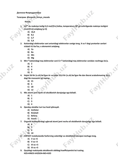 kimyo test savollari — PDF