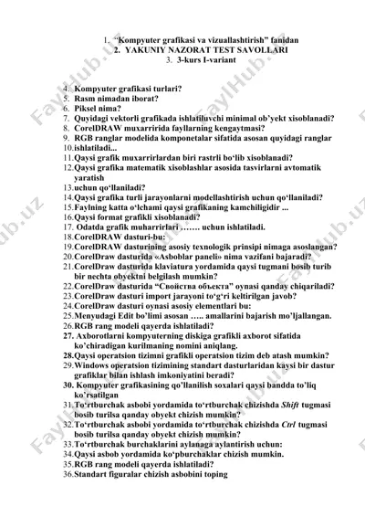 kompyuter grafikasi va vizuallashtirish fanidan yakuniy nazorat test savollari 3-kurs i-variant — DOCX