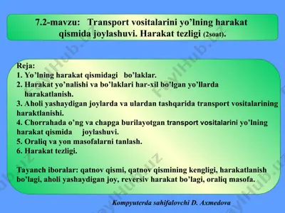 transport vositalarini yo’lning harakat qismida joylashuvi — PPT