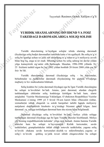 yuridik shaxslarning dividend va foiz tarzidagi daromadlariga soliq solish — DOCX