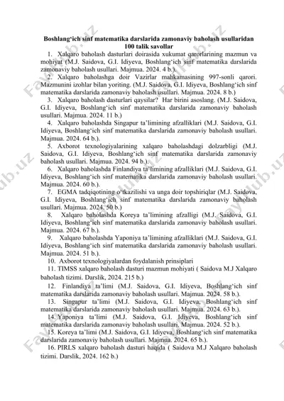 boshlang‘ich sinf matematika darslarida zamonaviy baholash usullaridan 100 talik savollar — DOCX