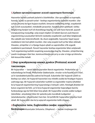 hayvon organizmlarining asosiy xususiyatlari — DOCX