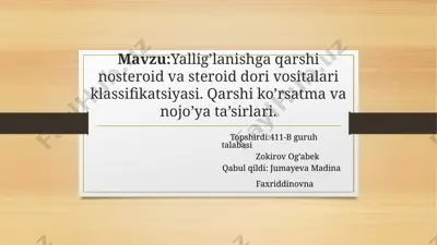 yallig’lanishga qarshi nosteroid va steroid dori vositalari klassifikatsiyasi — PPTX