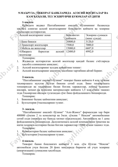 тижорат банкларида асосий воситалар ва кам баҳоли, тез эскирувчи буюмлар аудити — DOCX
