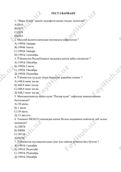o'zbekiston tarixi bo'yicha test savollari — DOCX