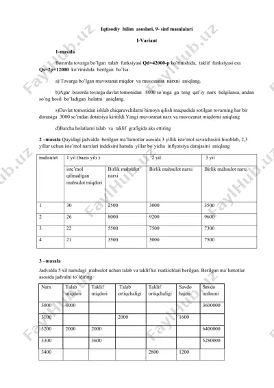 iqtisodiy bilim asoslari, 9-sinf masalalari — DOCX