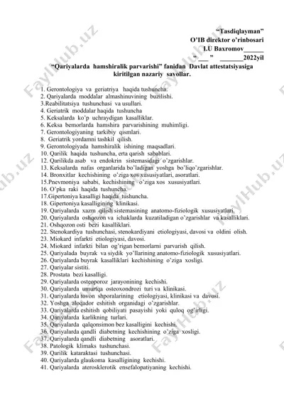gеrontologiya va gеriatriya fanidan davlat attеstatsiyasiga kiritilgan nazariy savollar — DOCX