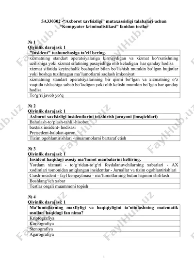 "axborot xavfsizligi" mutaxassisligi talabalari uchun “kompyuter kriminalistikasi” fanidan testlar — DOCX