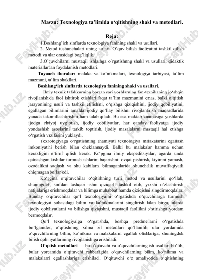 texnologiya ta’limida o‘qitishning shakl va metodlari — DOCX