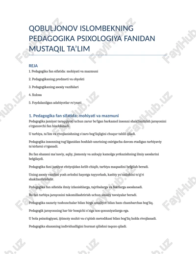 pedagogika psixologiya fanidan mustaqil ta’lim — DOCX