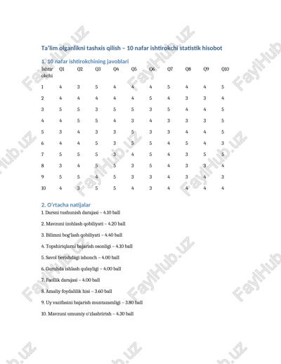 ta’lim olganlikni tashxis qilish – 10 nafar ishtirokchi statistik hisobot — DOCX