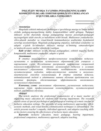 inklyuziv musiqa ta’limida pedagogning kasbiy kompetentliklari: eshitish qobiliyati cheklangan o‘quvchilarga yondashuv — DOCX