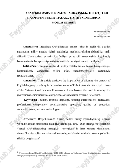 o‘zbekistonda turizm sohasida ingliz tili o‘qitish mazmunini milliy malaka tizimi talablariga moslashtirish — DOCX