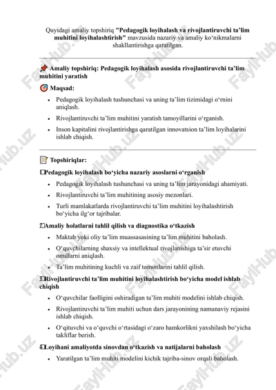 pedagogik loyihalash va rivojlantiruvchi ta’lim muhitini loyihalashtirish — PDF