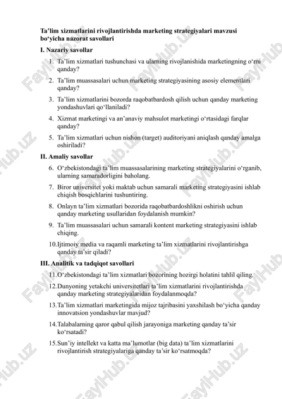 ta’lim xizmatlarini rivojlantirishda marketing strategiyalari mavzusi — PDF