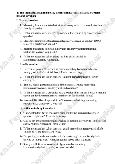 marketing kommunikatsiyalari nazorat savollari — PDF