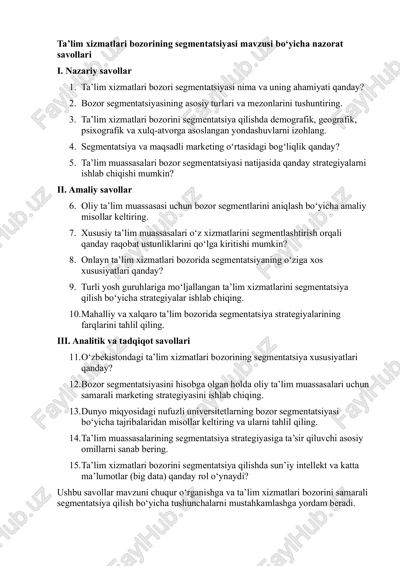ta'lim xizmatlari bozorining segmentatsiyasi — PDF