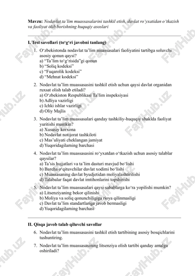 nodavlat ta'lim muassasalarini tashkil etish, davlat ro‘yxatidan o‘tkazish va faoliyat olib borishning huquqiy asoslari — PDF