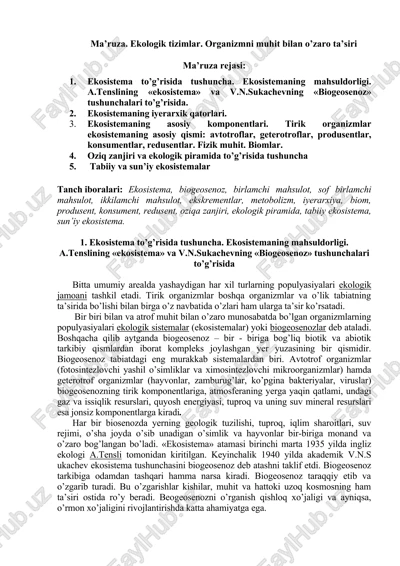 ekologik tizimlar. organizmni muhit bilan o’zaro ta’siri — DOCX