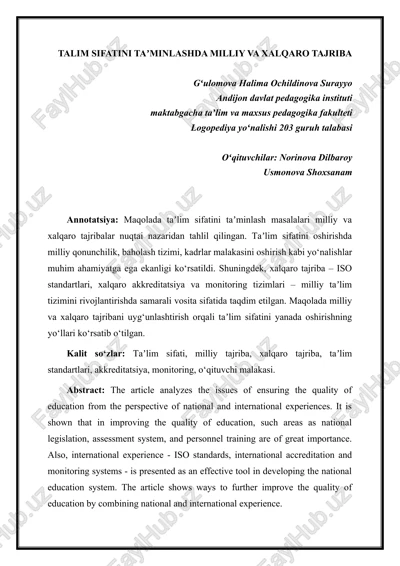 talim sifatini taʼminlashda milliy va xalqaro tajriba — DOC