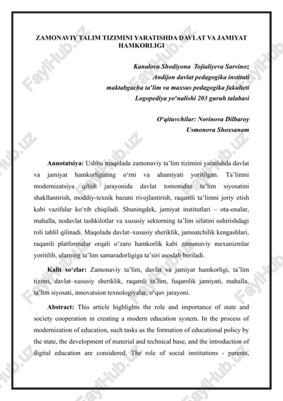 zamonaviy ta'lim tizimini yaratishda davlat va jamiyat hamkorligi — DOC