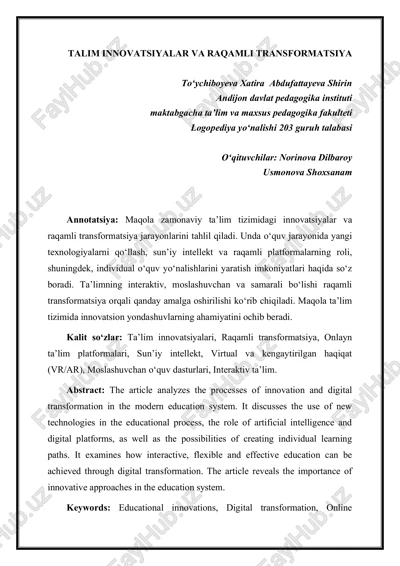 talim innovatsiyalar va raqamli transformatsiya — PDF