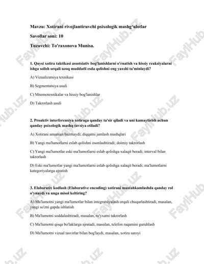 xotirani rivojlantiruvchi psixologik mashg‘ulotlar — DOCX