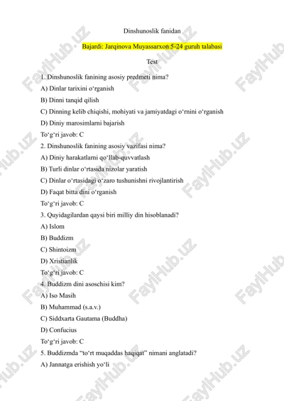 dinshunoslik fanidan — PDF