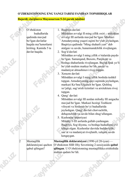 o’zbekistonning eng yangi tarixi fanidan topshiriqlar — PDF