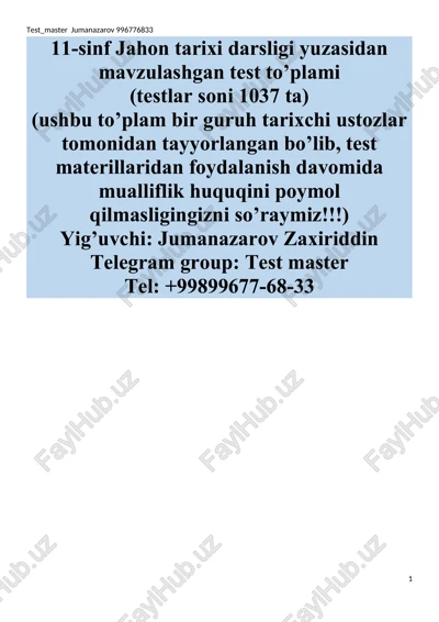 11-sinf jahon tarixi darsligi yuzasidan mavzulashgan test to’plami — DOC