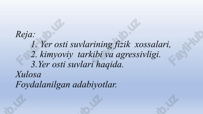 yer osti suvlarining fizik xossalari va kimyoviy tarkibi — PPTX