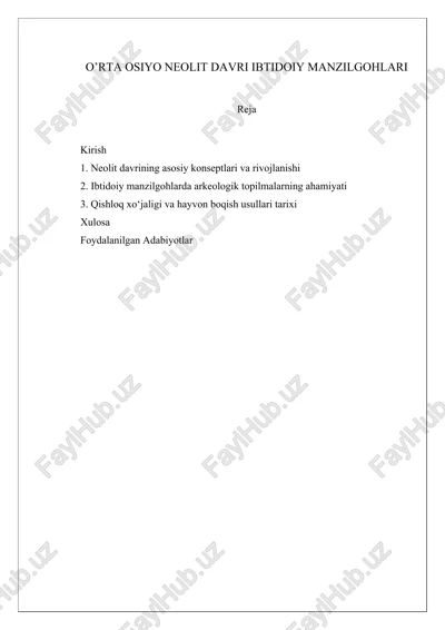 o’rta osiyo neolit davri ibtidoiy manzilgohlari — DOCX