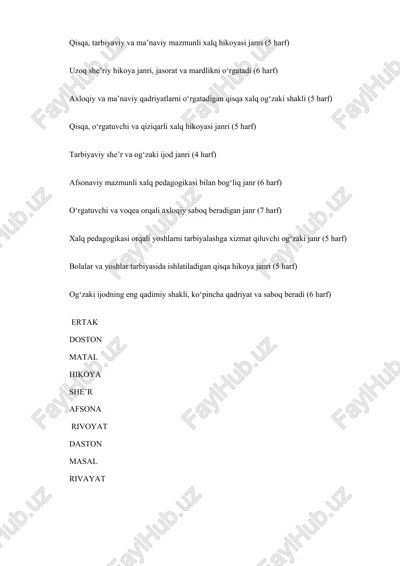 qisqa, tarbiyaviy va ma’naviy mazmunli xalq hikoyasi janri (5 harf) — DOCX