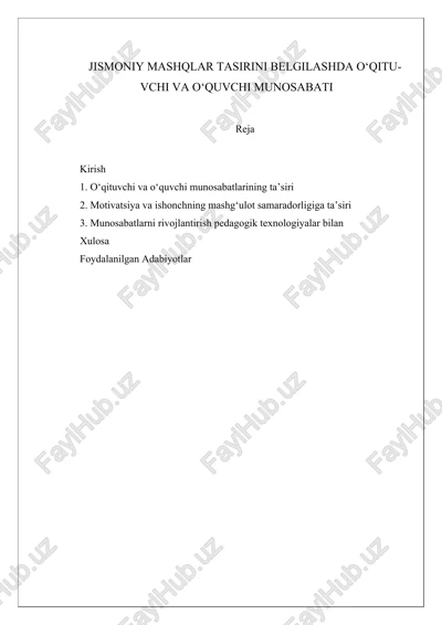 jismoniy mashqlar tasirini belgilashda oʻqituvchi va oʻquvchi munosabati — DOCX