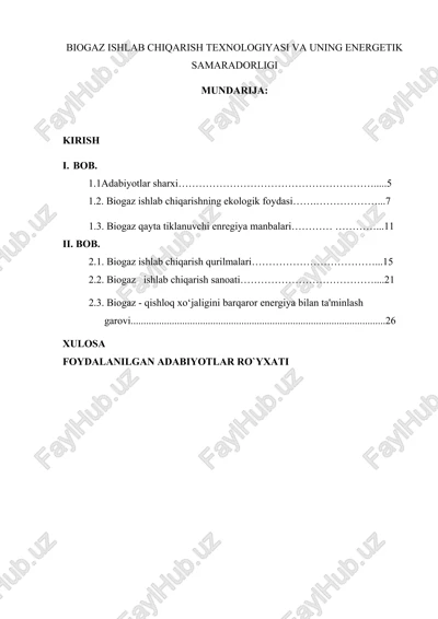 biogaz ishlab chiqarish texnologiyasi va uning energetik samaradorligi — DOCX