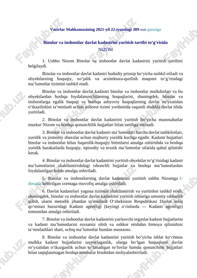 binolar va inshootlar davlat kadastrini yuritish tartibi nizom — DOCX