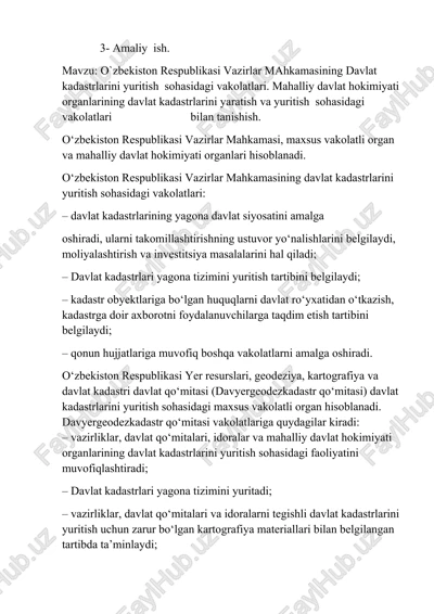 o`zbekiston respublikasi vazirlar mahkamasining davlat kadastrlarini yuritish sohasidagi vakolatlari — DOCX