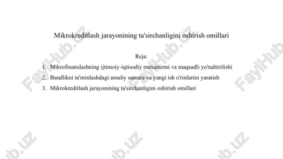 mikrokreditlash jarayonining ta'sirchanligini oshirish omillari haqida 11 betlik slayd — PPTX
