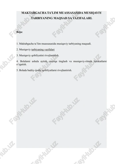 maktabgacha ta’lim muassasasida musiqaviy tarbiyaning maqsad va vazifalari. — DOCX