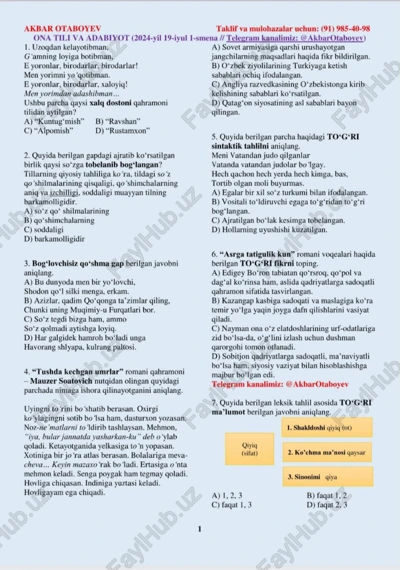 ona tili testlar — PDF