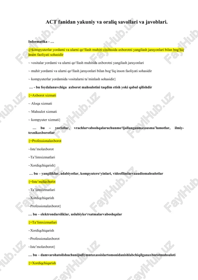 act fanidan yakuniy va oraliq savollari va javoblari — DOCX