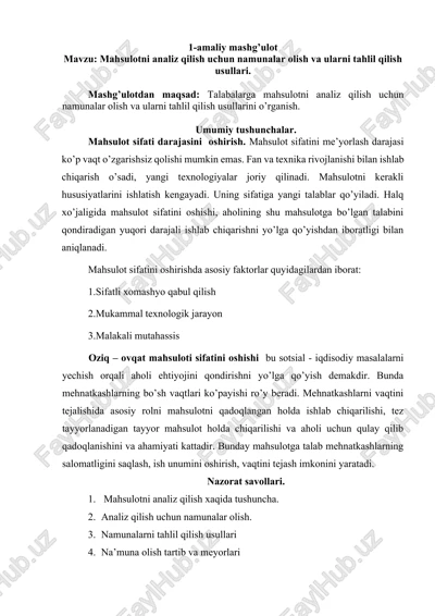 mahsulotni analiz qilish uchun namunalar olish va ularni tahlil qilish usullari — DOCX